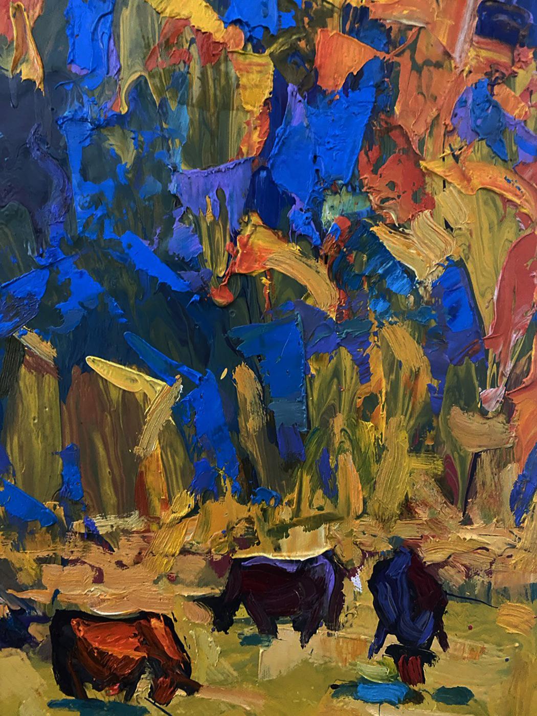 Vibrant Oleksiy Ivanyuk oil painting In the shade of the sedges with blue brushstrokes and grazing cows
