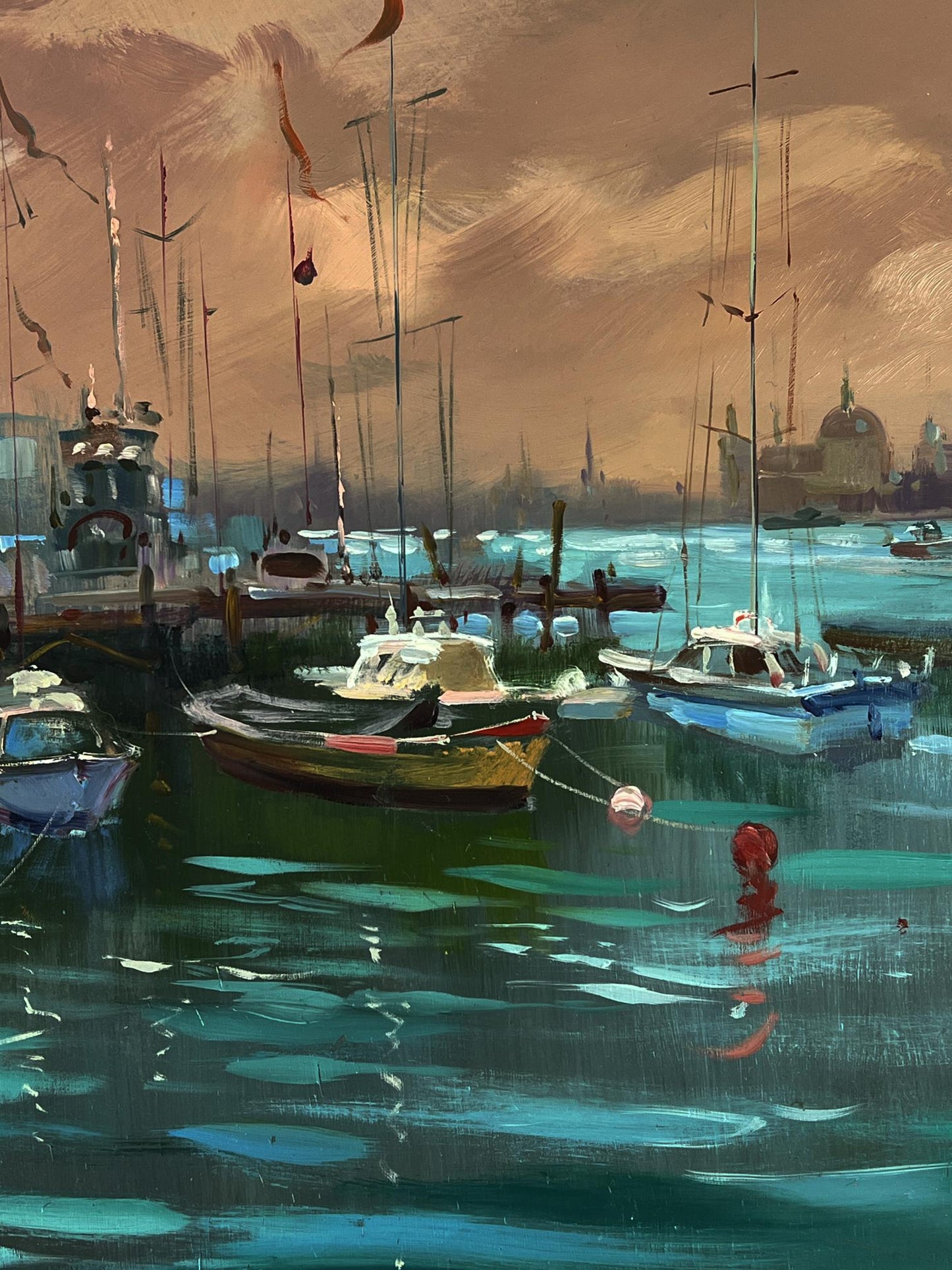 Oil painting Sunset at the city pier by Yuriy Suprunchuk serene harbor scene