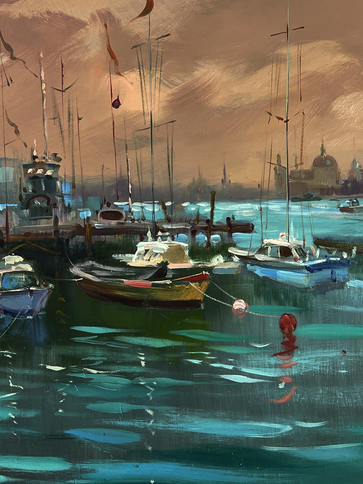 Oil painting Sunset at the city pier by Yuriy Suprunchuk serene harbor scene