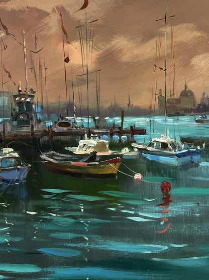 Oil painting Sunset at the city pier by Yuriy Suprunchuk serene harbor scene