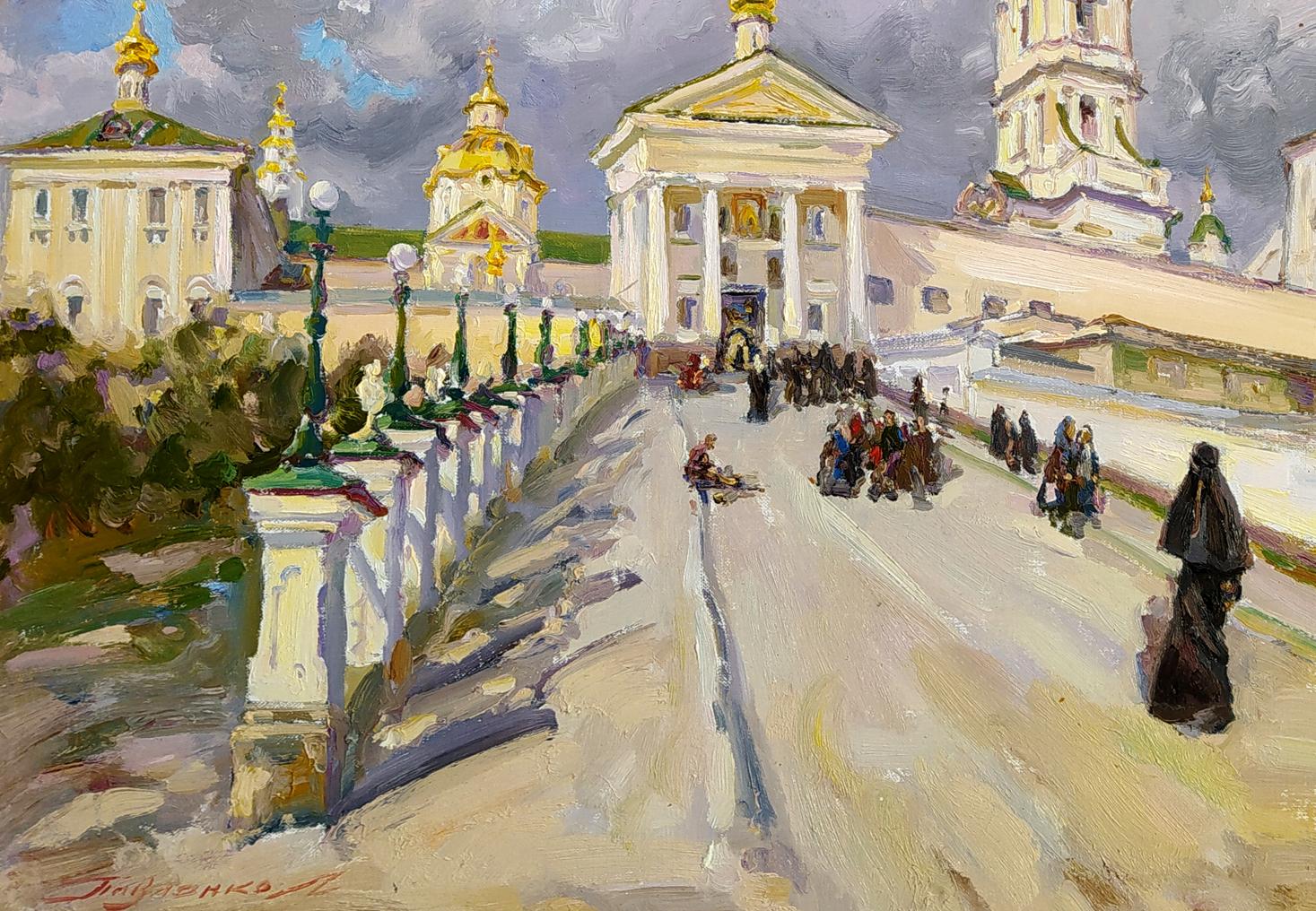 Oil painting of Entrance to the Lavra by Leonid Pavlenko, golden-domed cathedral