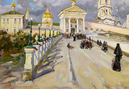 Oil painting of Entrance to the Lavra by Leonid Pavlenko, golden-domed cathedral