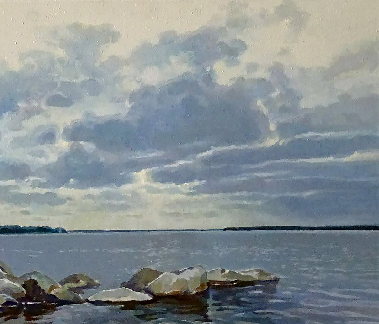 Serene oil painting of tranquil lake under cloudy sky by Anastasia Yaroshevich