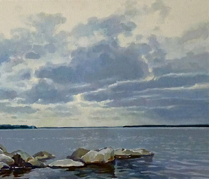 Serene oil painting of tranquil lake under cloudy sky by Anastasia Yaroshevich