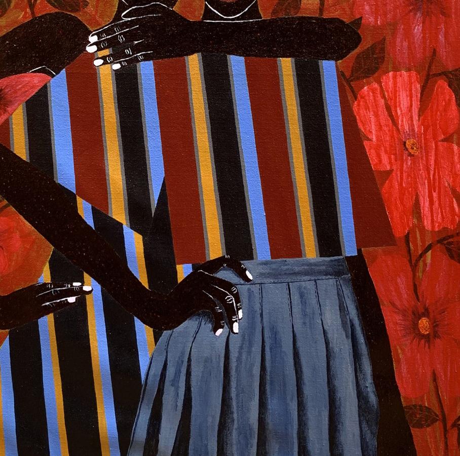 Vibrant acrylic painting The Hug That Holds the World by Akintomide Akinshola, bold stripes and red flowers