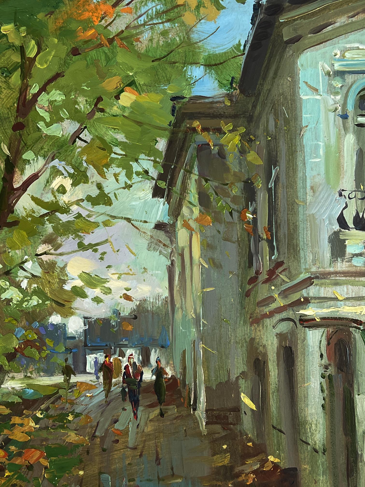 Vibrant oil painting of autumn city street by Yuriy Suprunchuk