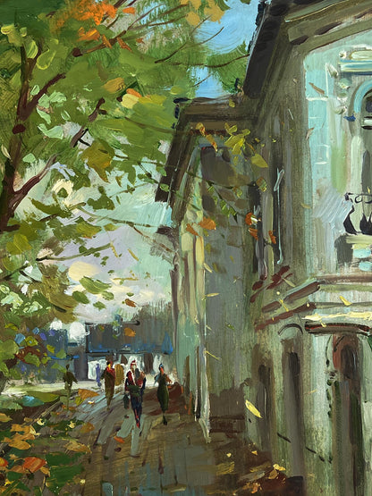 Vibrant oil painting of autumn city street by Yuriy Suprunchuk
