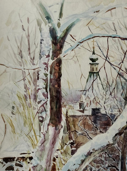Watercolor painting of snow-covered tree framing winter church by Vitaly Duhnevich