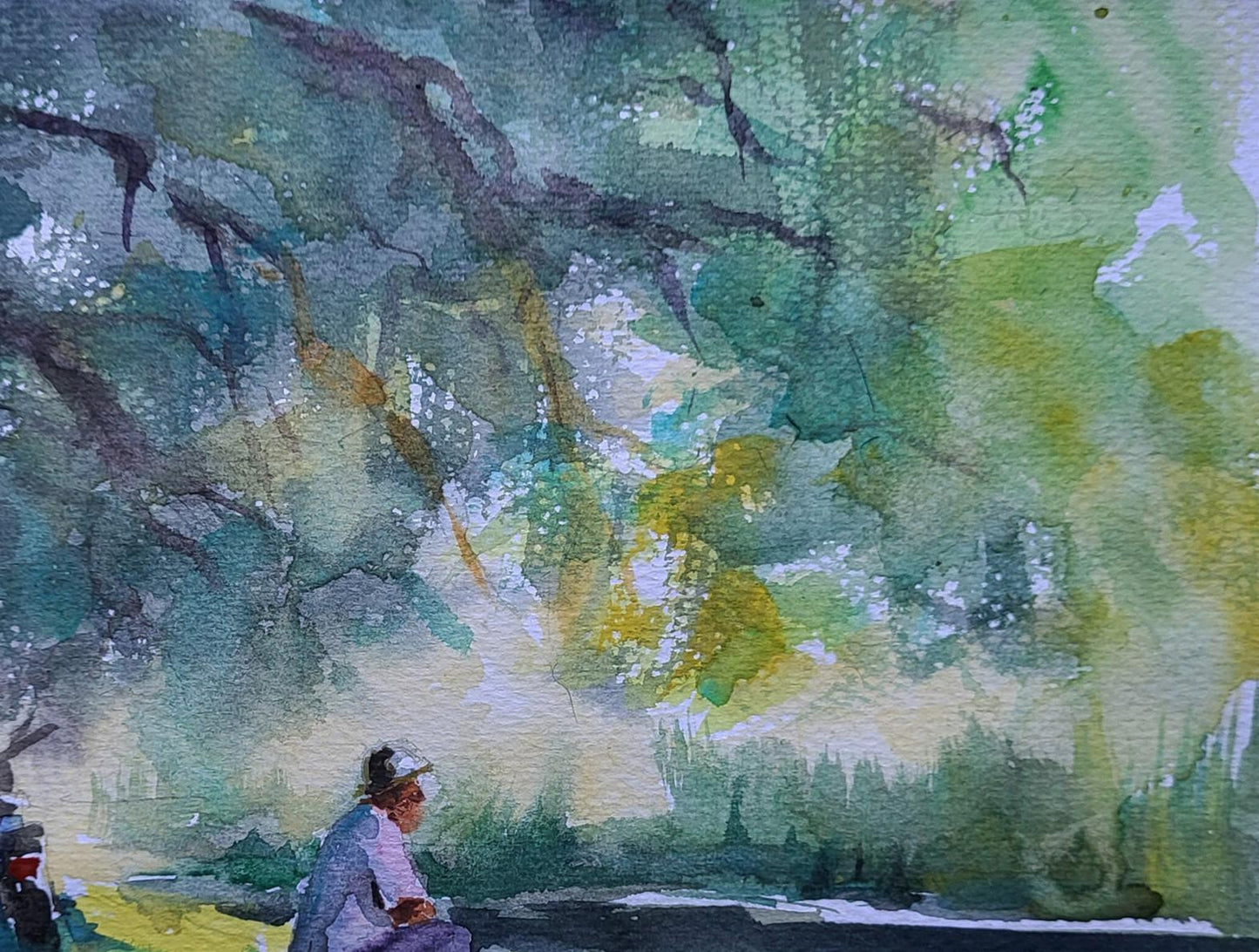 Watercolor painting of person under dappled tree by Boris Serdyuk