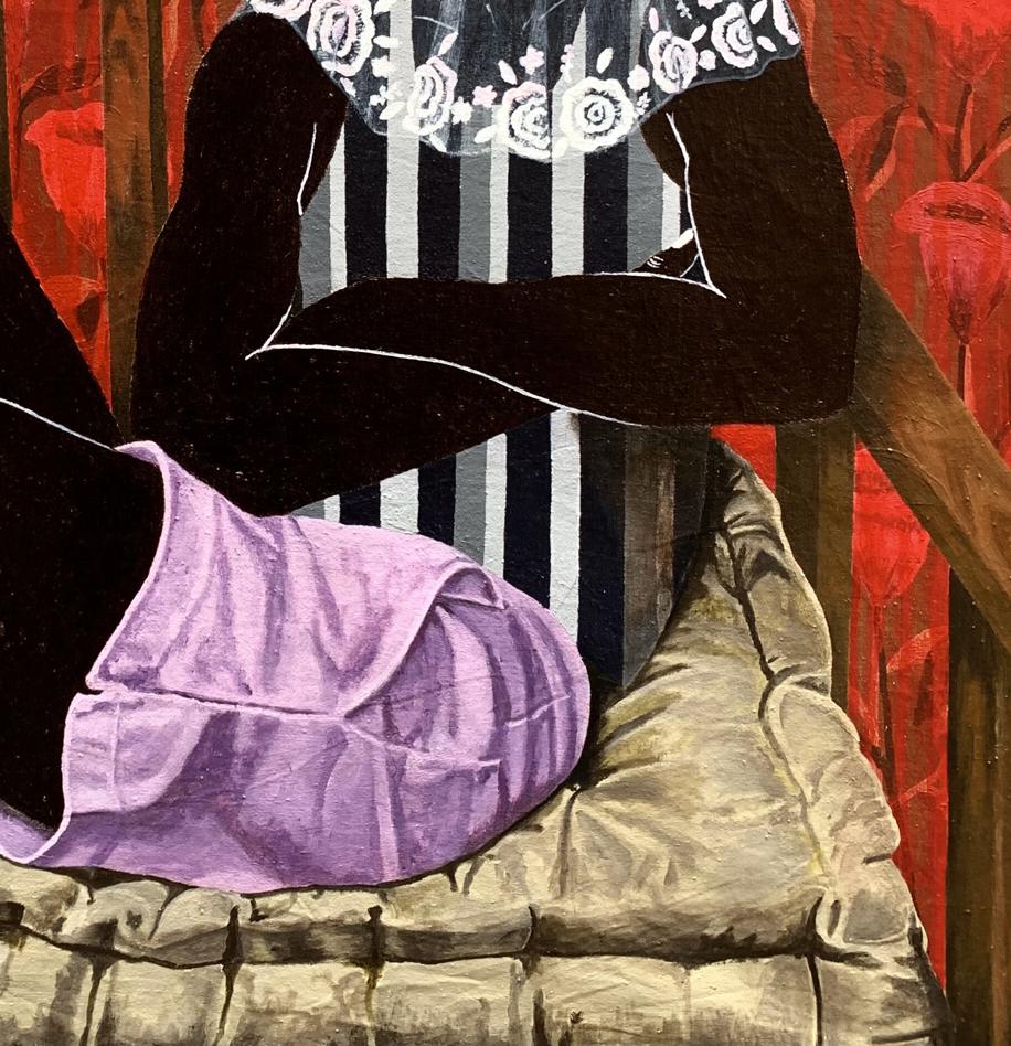 Purple satin skirt with gathered waistline over black and white stripes in Under the veil of peace painting by Akintomide Akinshola