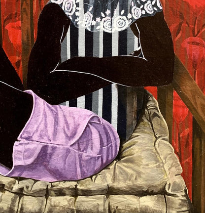 Purple satin skirt with gathered waistline over black and white stripes in Under the veil of peace painting by Akintomide Akinshola