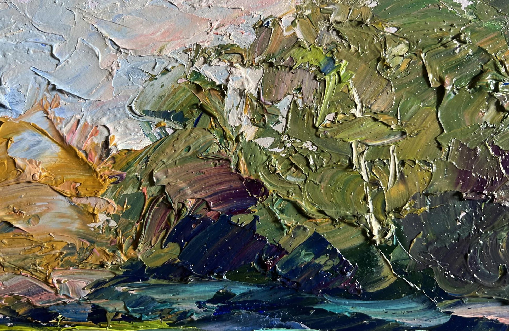 Oil painting Relaxation on the lake by Boris Serdyuk, textured impasto greens and blues