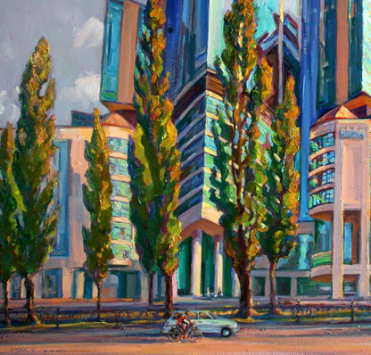 Oil painting by Leonid Pavlenko: tall trees with green foliage along city street