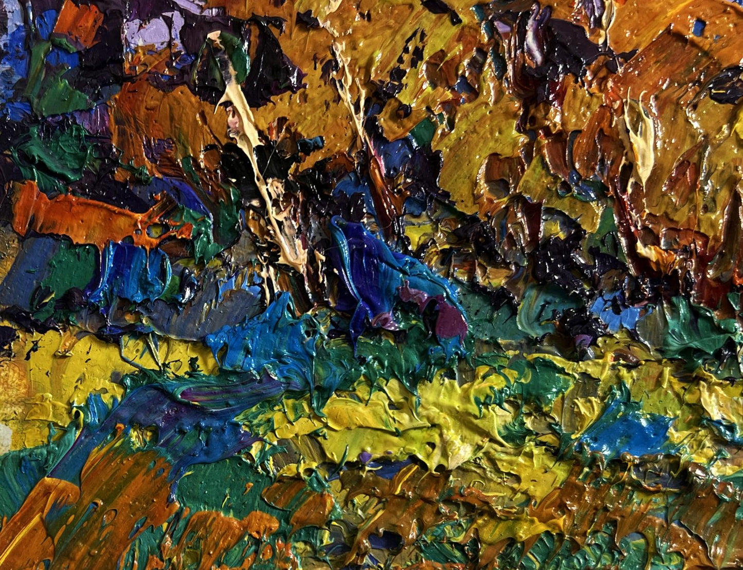Vibrant impasto oil painting Autumn Breeze in the Forest by Oksana Ivanyuk