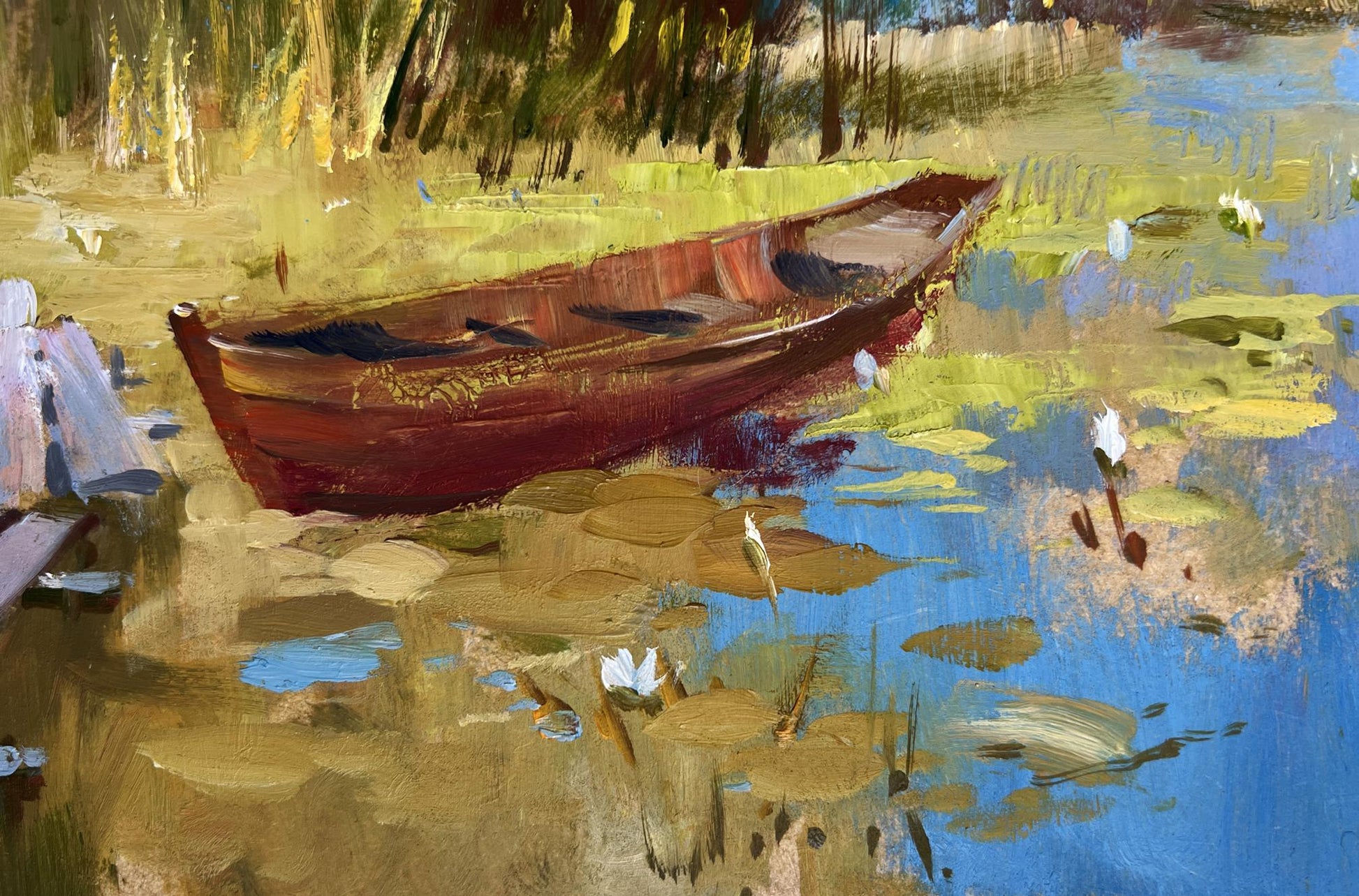 Oil painting of rustic red rowboat among reeds by Yuriy Suprunchuk