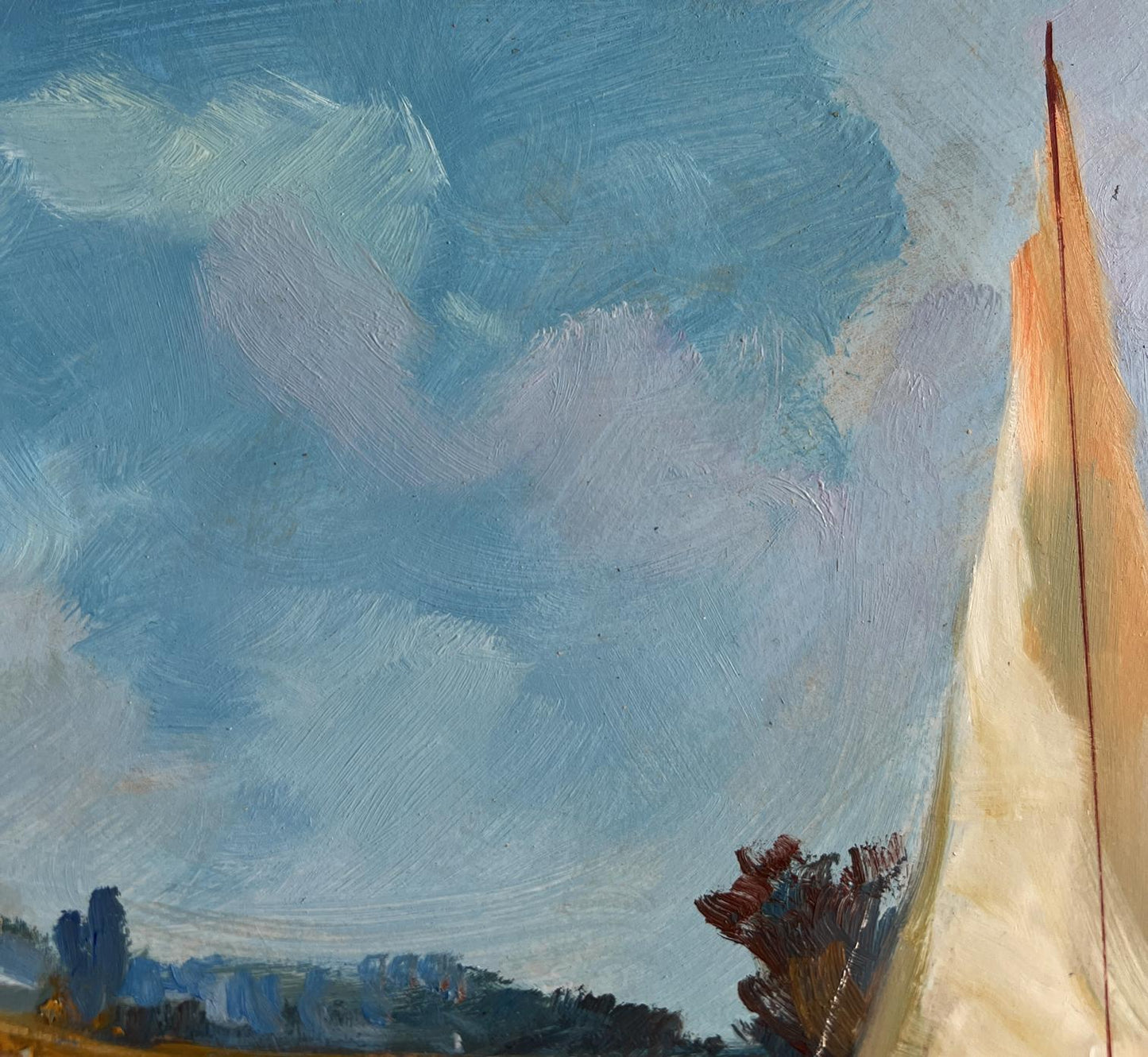 Oil painting of tall cream sail with orange gradient by Yuriy Suprunchuk