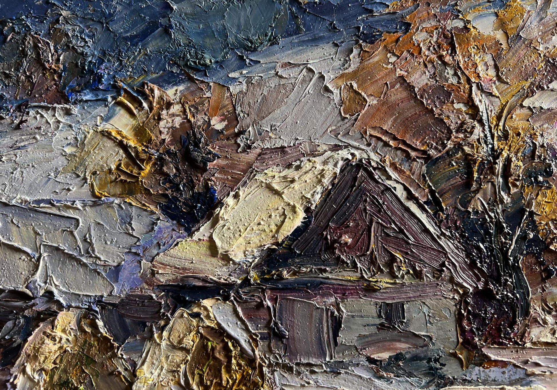 Textured impasto oil painting of Winter village evening by Boris Serdyuk