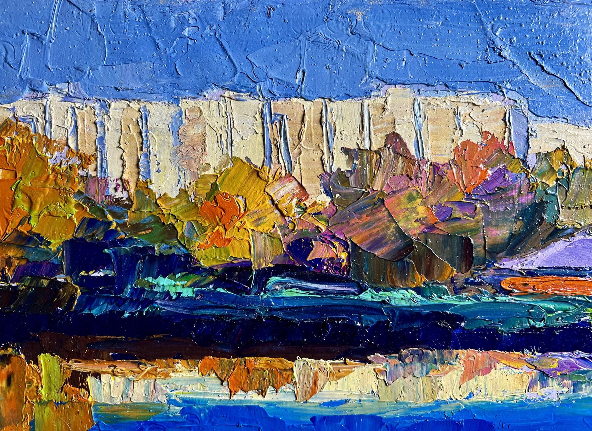 Vibrant impressionist oil painting by Boris Serdyuk of city river cliffs