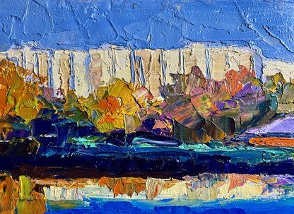 Vibrant impressionist oil painting by Boris Serdyuk of city river cliffs