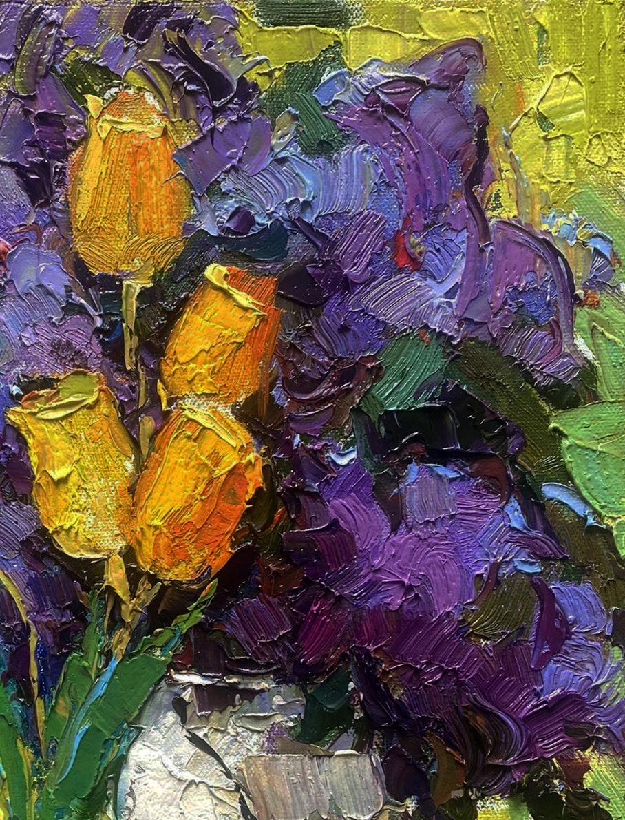 Vibrant orange purple tulips in Rays of light on lilac petals oil painting by Oksana Ivanyuk