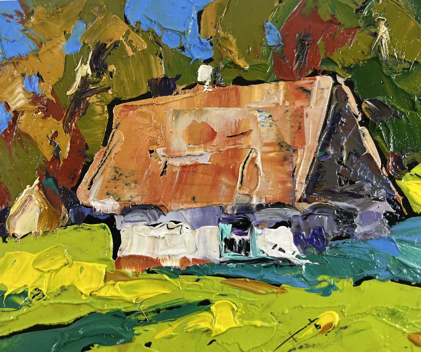 Vibrant impressionist oil painting by Oleksiy Ivanyuk of forest path to sunny hut