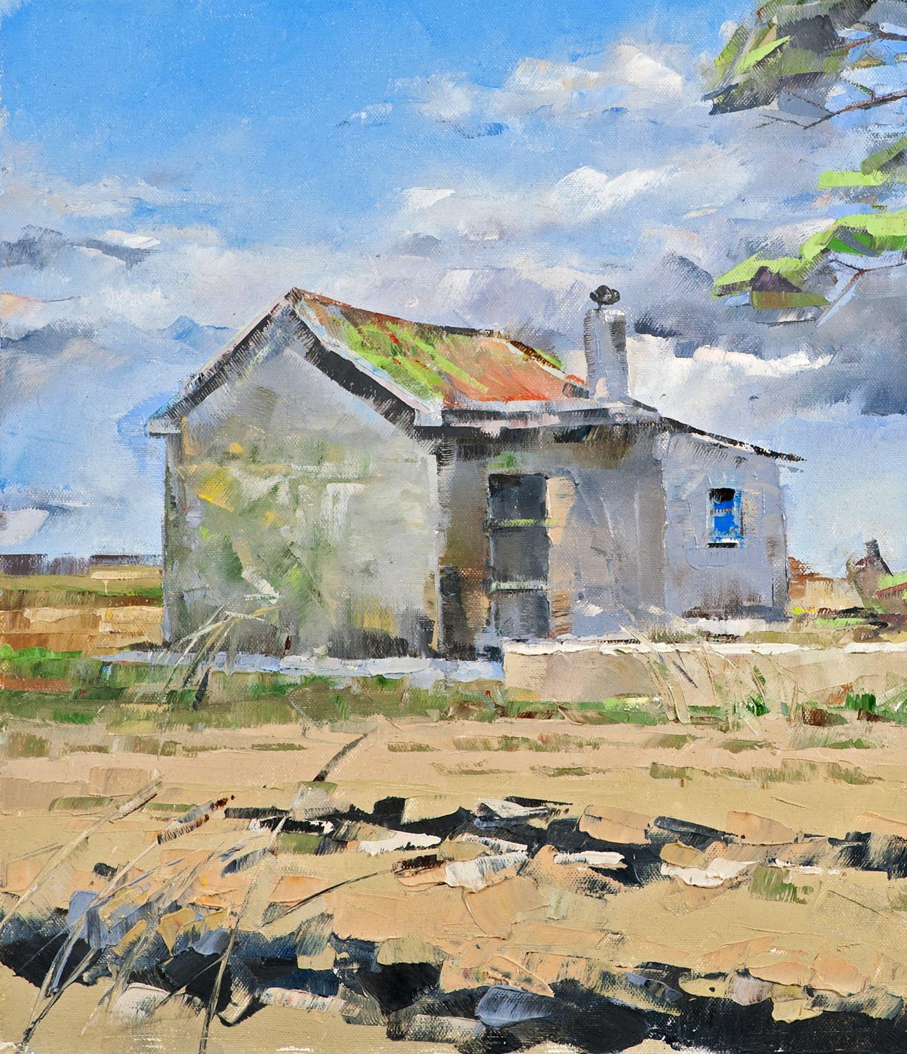 Oil painting of weathered gray house with mossy red roof by Volodymyr Gluhomanyuk