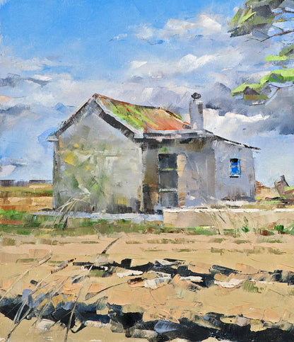Oil painting of weathered gray house with mossy red roof by Volodymyr Gluhomanyuk