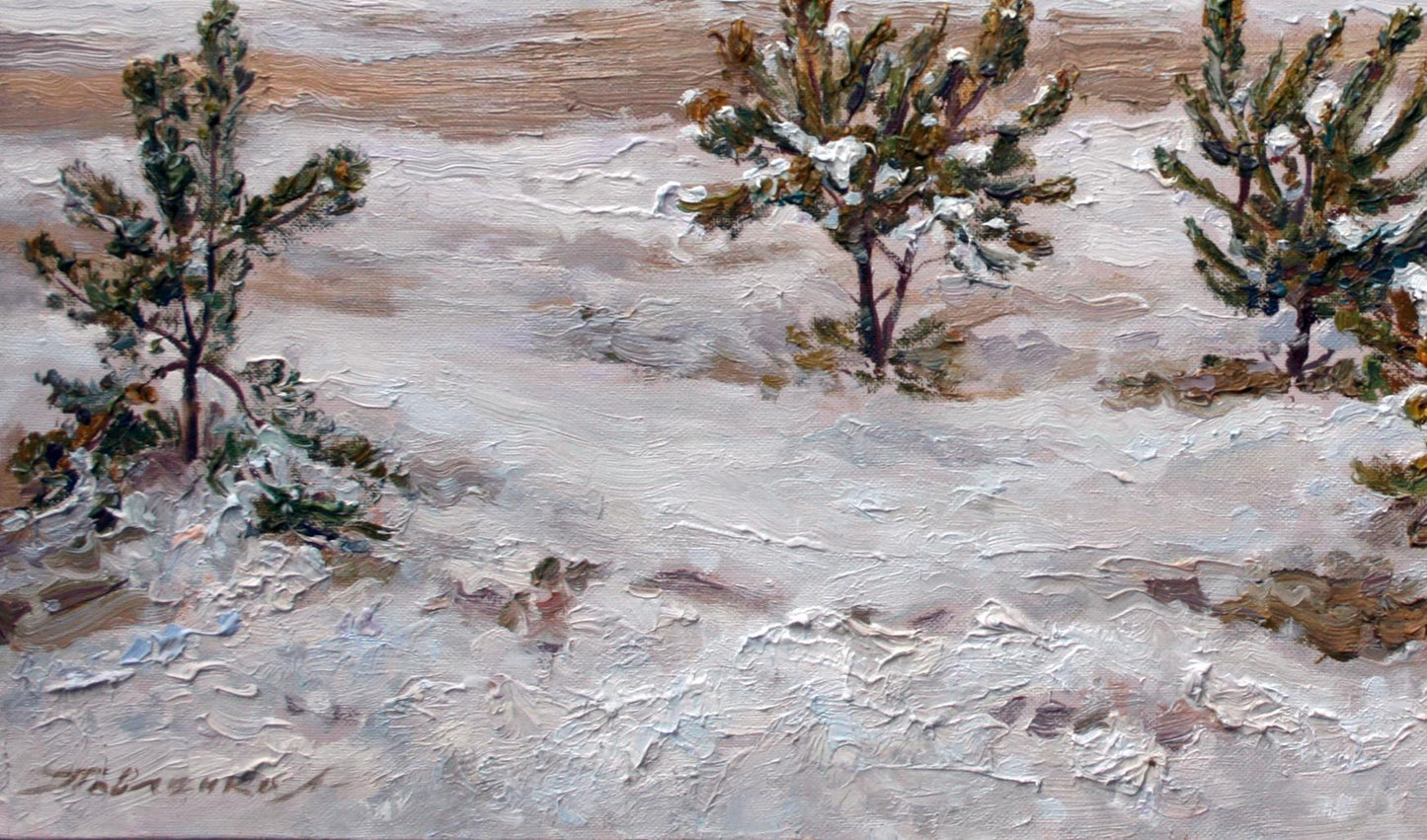 Oil painting Young Pines by Leonid Pavlenko, textured snowy pines