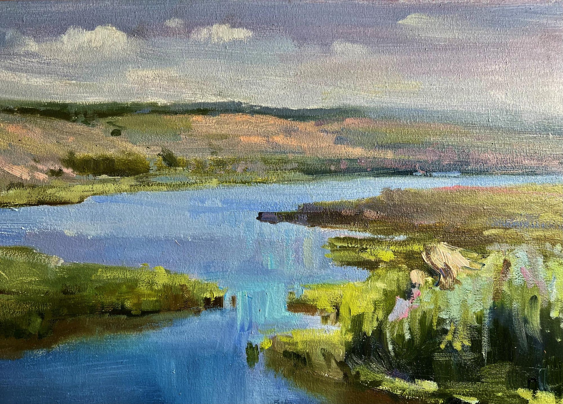 Oil painting of bright sunny summer day by Tatyana Derdey, serene river landscape