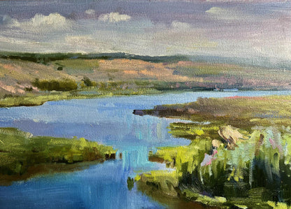 Oil painting of bright sunny summer day by Tatyana Derdey, serene river landscape