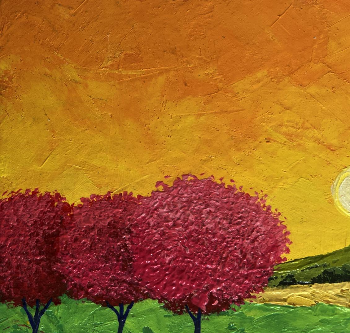 Vibrant oil painting of blooming trees in field by V. Zadorozhnya
