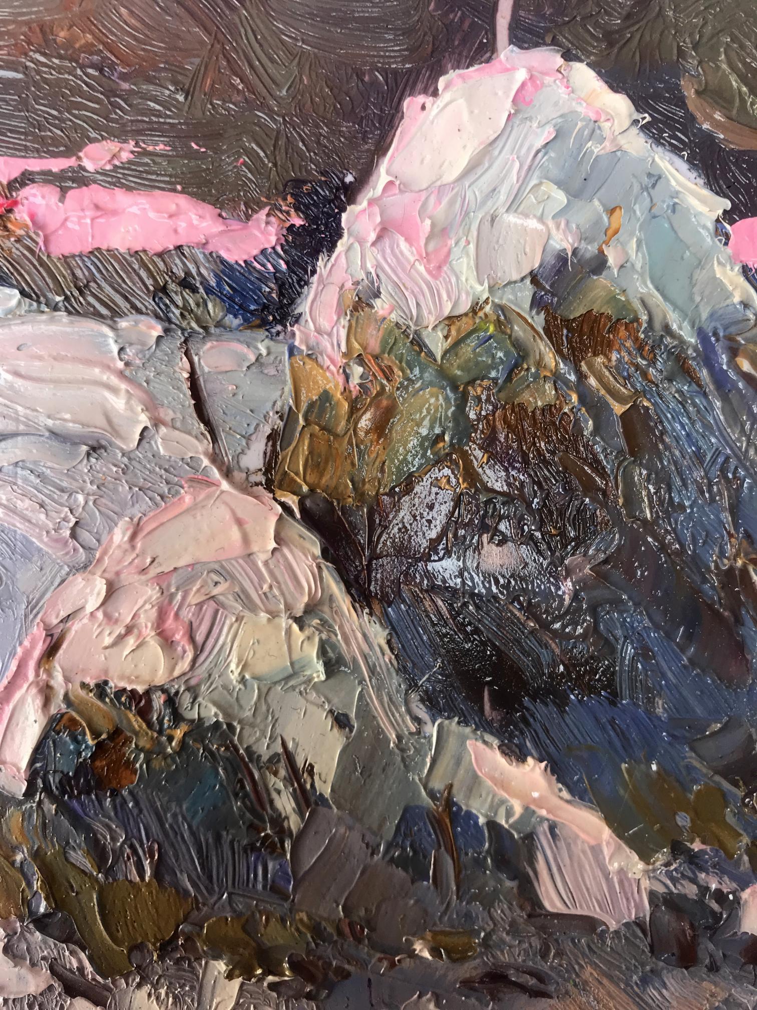 Moonlit frosty night oil painting by Oksana Ivanyuk with impasto strokes