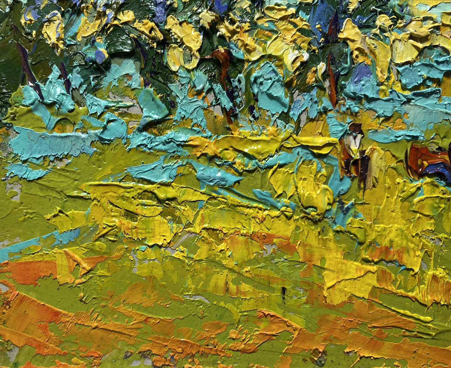 Vibrant impasto oil painting of spring meadows by Oleksiy Ivanyuk