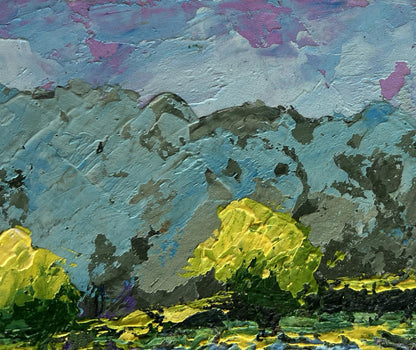 Oil painting Floral glow under the sky V. Zadorozhnya: teal mountains, yellow-green foliage, purple-blue sky