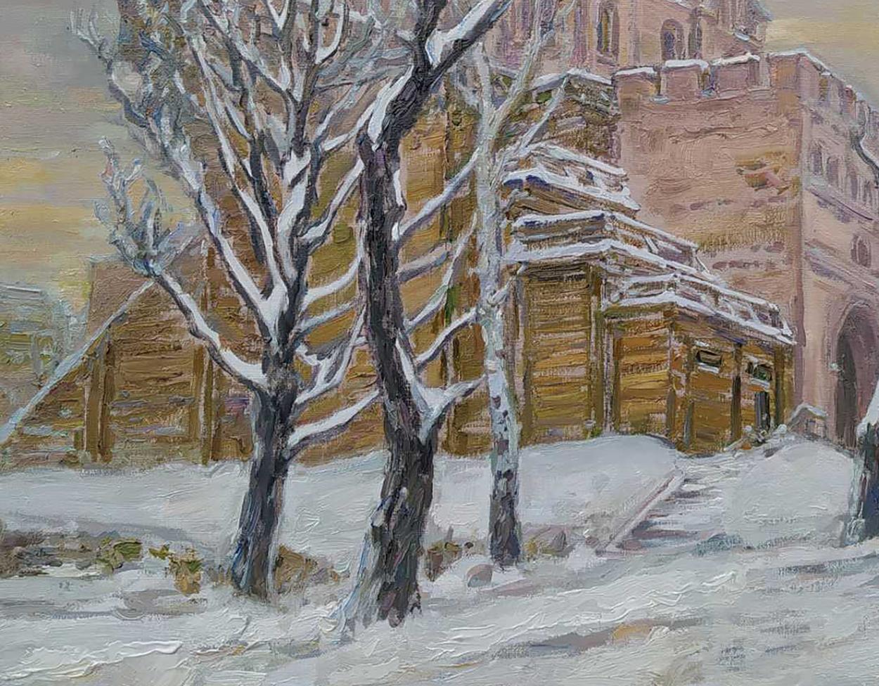 Oil painting by Leonid Pavlenko: snow-covered trees before rustic wooden structure and stone tower