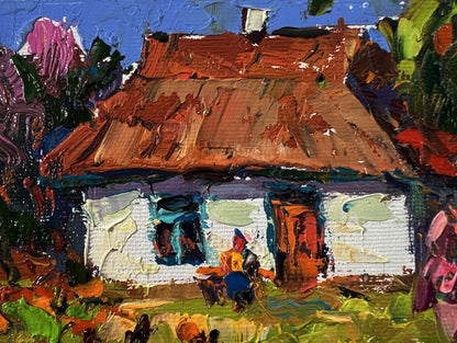 Oil painting of flowering bush in garden by Oksana Ivanyuk, rustic white house with tiled roof