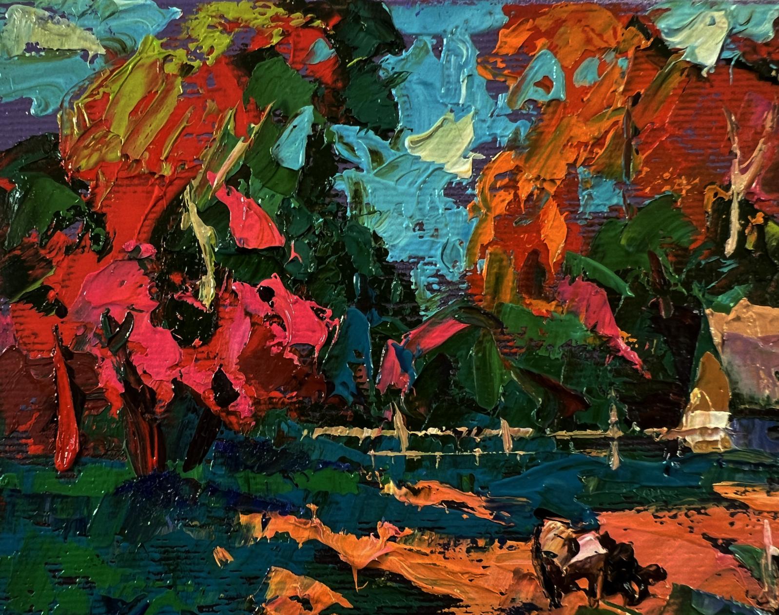 Vibrant Oleksiy Ivanyuk oil painting of village in sun rays with impasto strokes