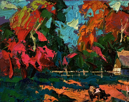 Vibrant Oleksiy Ivanyuk oil painting of village in sun rays with impasto strokes