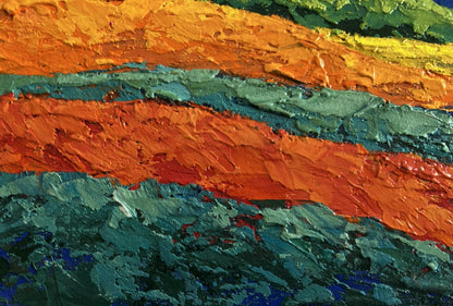 Vibrant oil painting of blue mountains with yellow sunset by V. Zadorozhnya