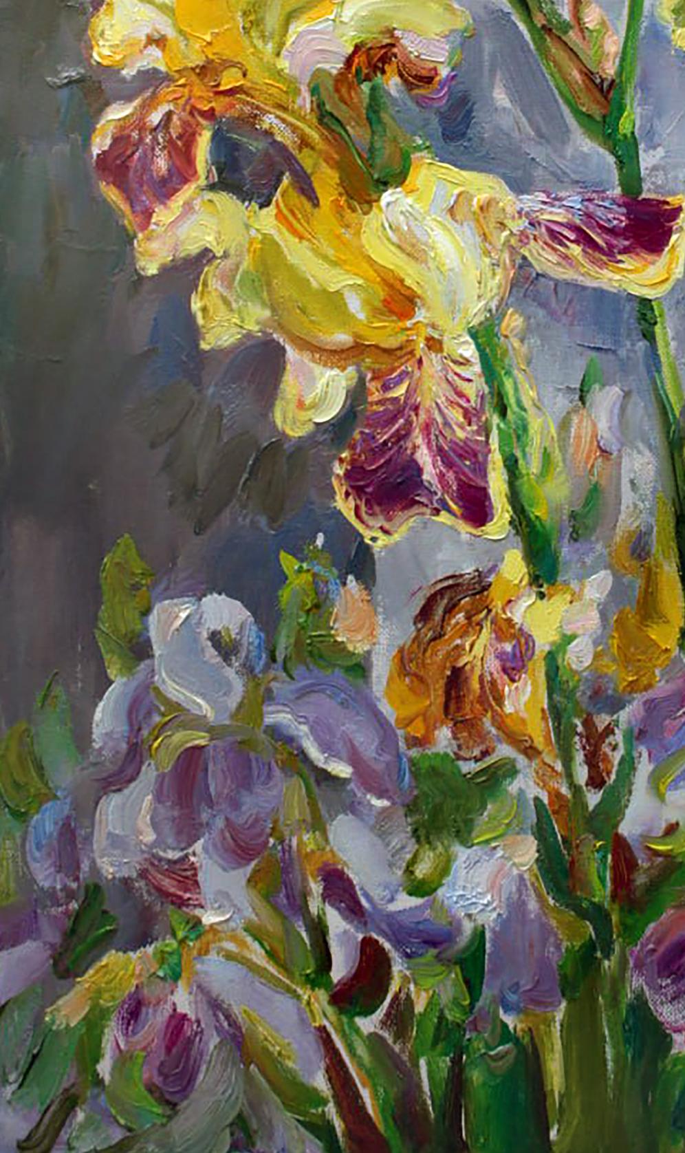 Vibrant yellow and purple irises oil painting by Leonid Pavlenko