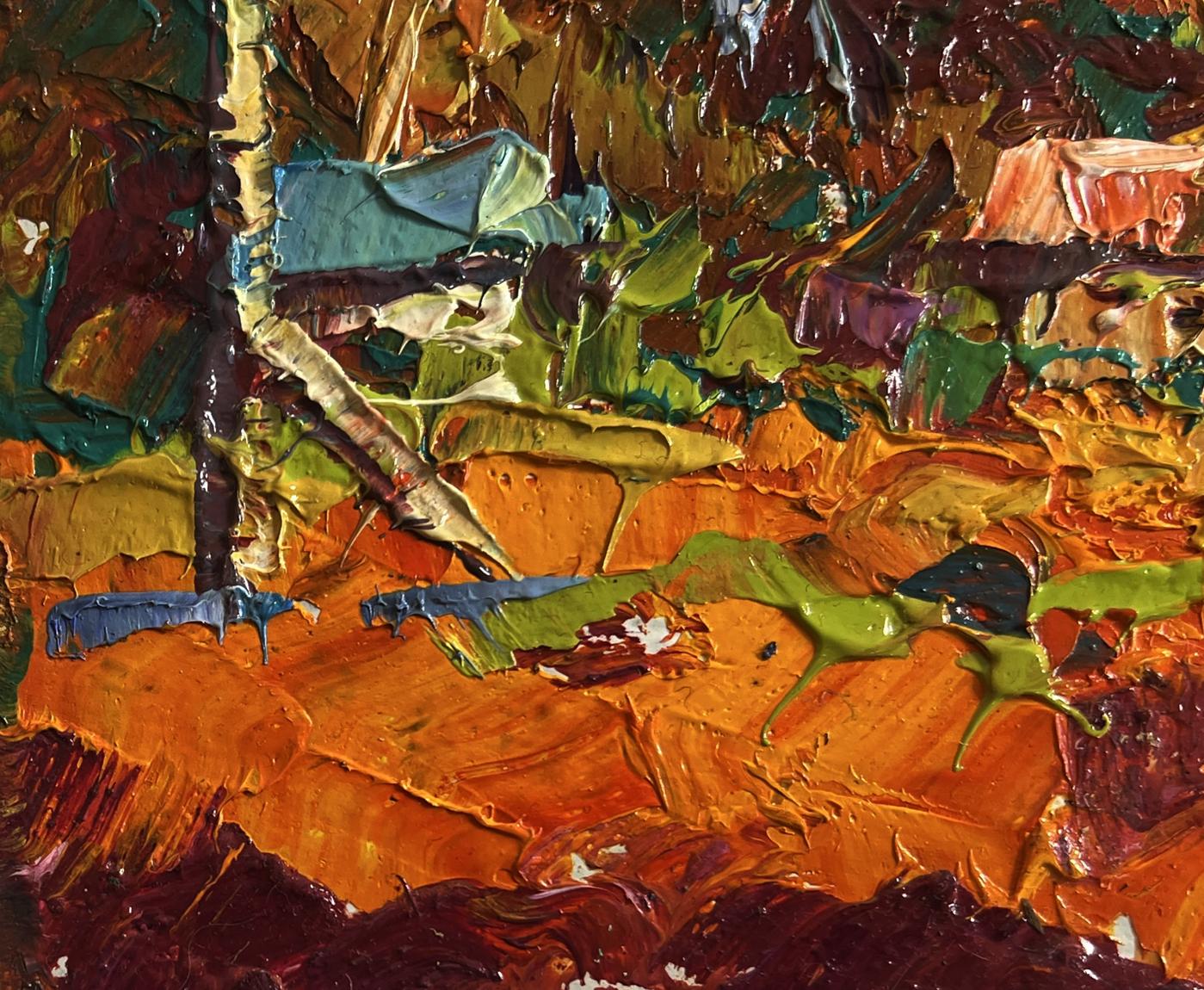 Vibrant impressionist oil painting Crimson autumn in the village by Oleksiy Ivanyuk