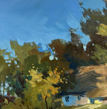 Quiet fishing oil painting by Yuriy Suprunchuk with blue sky and foliage