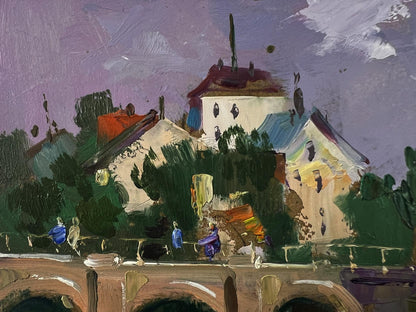 Vibrant impressionist oil painting of village with bridge by Yuriy Suprunchuk