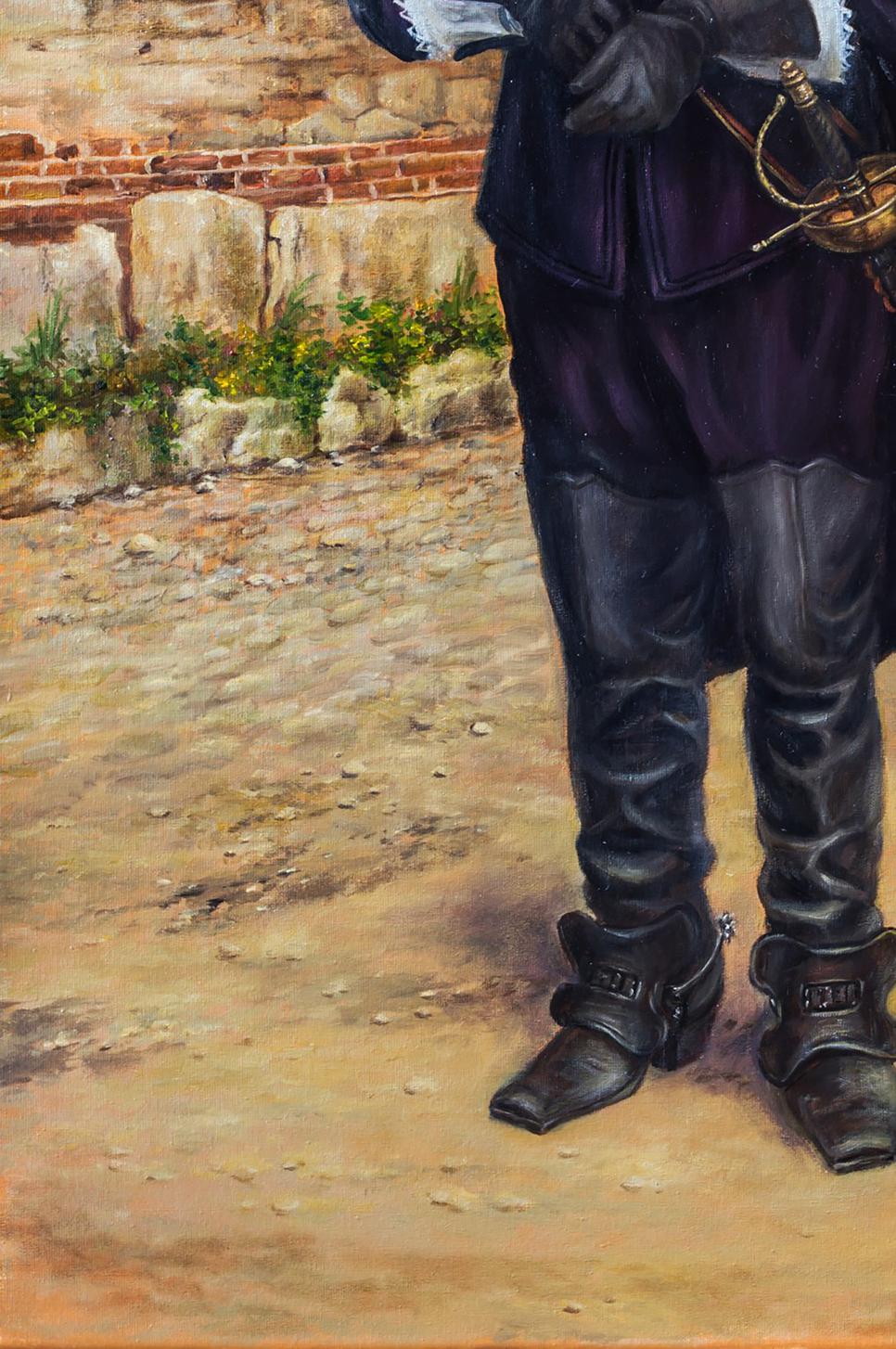 Black leather boots with metal buckles in Valeriy Bulat oil painting