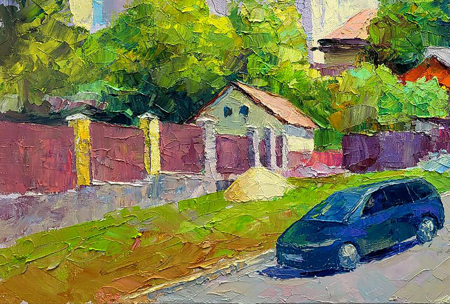 Oil painting Along the city street by Boris Serdyuk: dark blue minivan on sunlit street