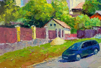 Oil painting Along the city street by Boris Serdyuk: dark blue minivan on sunlit street
