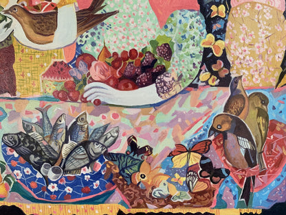 Oil painting Girls at the table by V. Konotopsky with berries, fish, birds