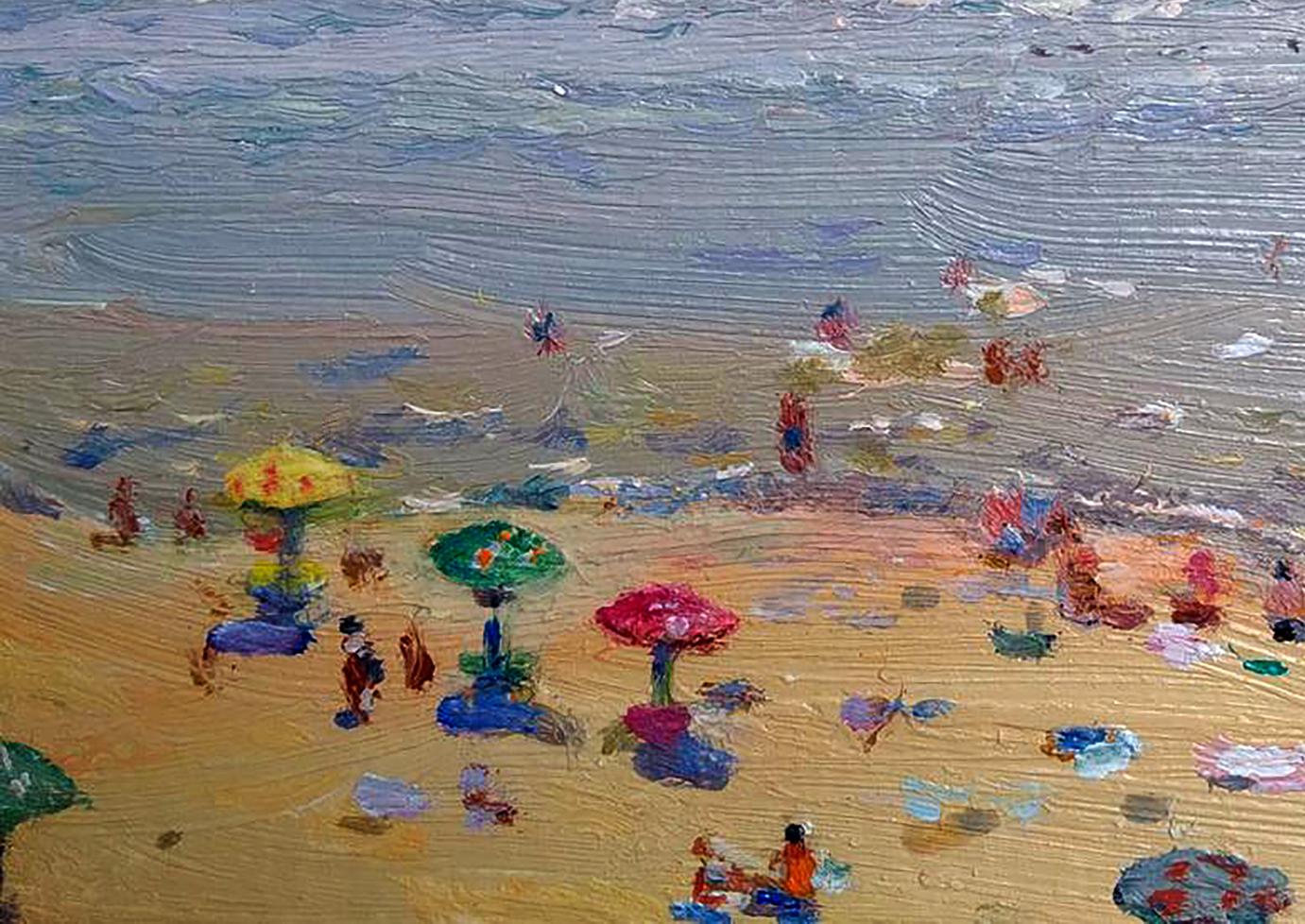 Vibrant impressionistic oil painting of city beach by Yury Konovalov