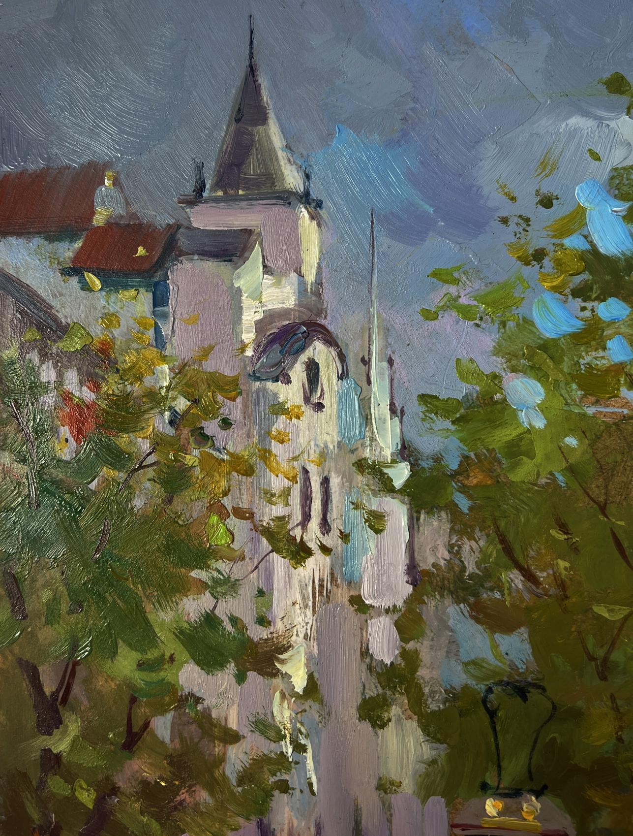 Oil painting of historic church with spire amid foliage by Yuri Suprunchuk