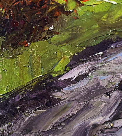 Oil painting Rainy day road by Boris Serdyuk with green, purple, brown brushstrokes
